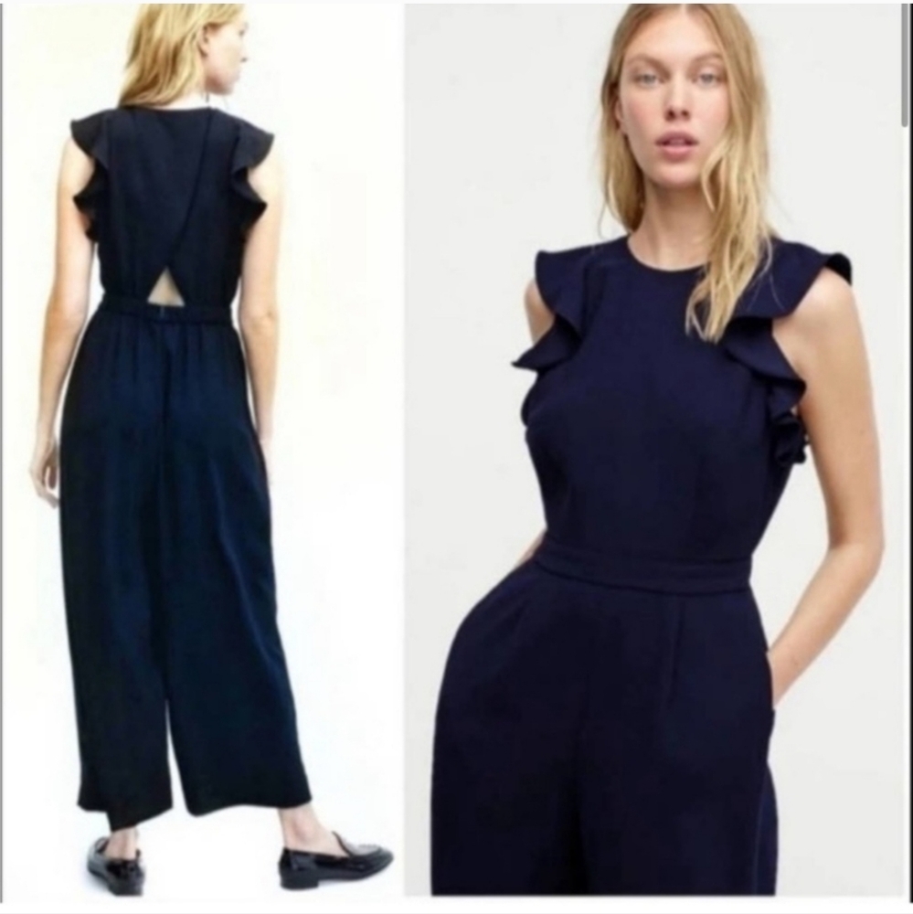 J. Crew Wide Leg Ruffle Sleeve Jumpsuit Sz 12 Navy